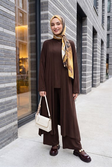 Pantolonu Cepli Likralı Oversize Üçlü Sendy Takım  -Kahverengi