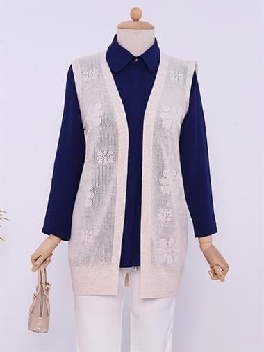 Papatya Desenli Fileli Baharlık Yelek -Taş