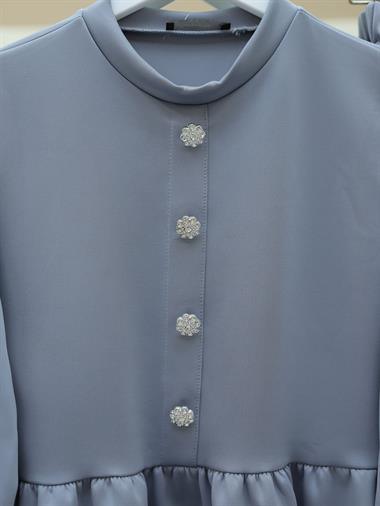 Parçalı Taşlı Düğme Detaylı Skuba Takım  -Gri