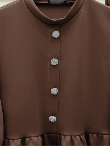 Parçalı Taşlı Düğme Detaylı Skuba Takım  -Kahve