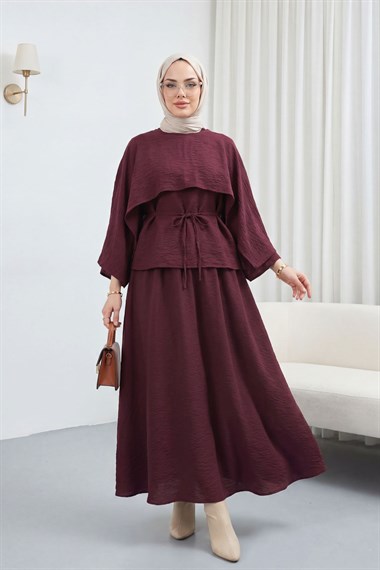 Pelerin Detaylı Beli Bağlamalı Etekli Cupra Takım  -Mürdüm