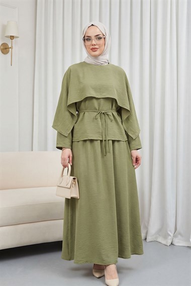 Pelerin Detaylı Beli Bağlamalı Etekli Cupra Takım  -Haki