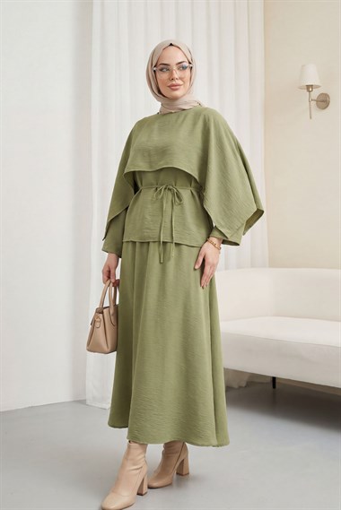 Pelerin Detaylı Beli Bağlamalı Etekli Cupra Takım  -Haki