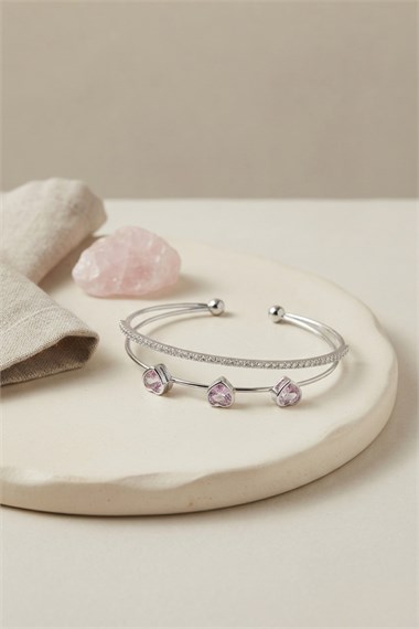 Pembe Kalp Model Zirkon Taşlı Gümüş Renk Kadın Bileklik