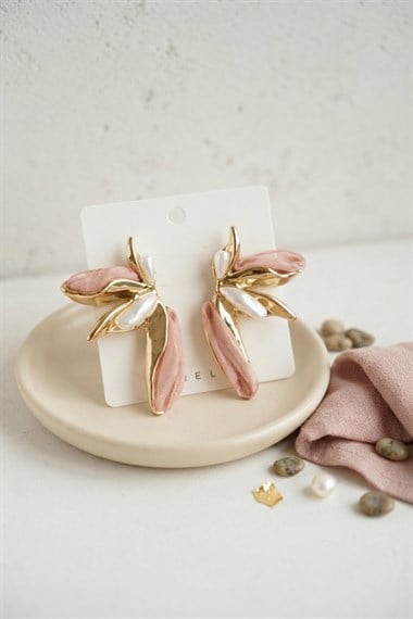 Pembe Renk Lotus Yaprak Model Kadın Küpe