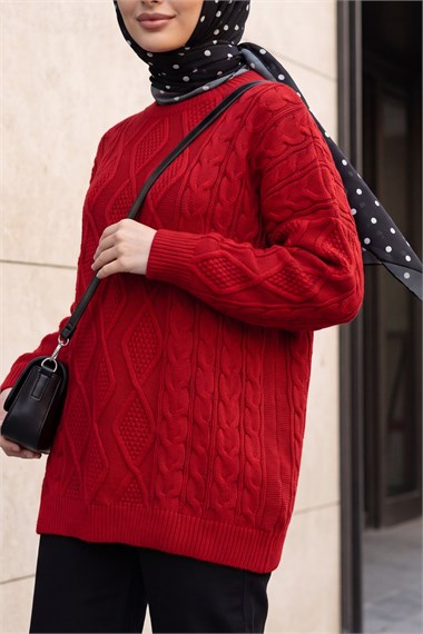 Petek Desen Kışlık Salaş Triko Kazak              -Kırmızı