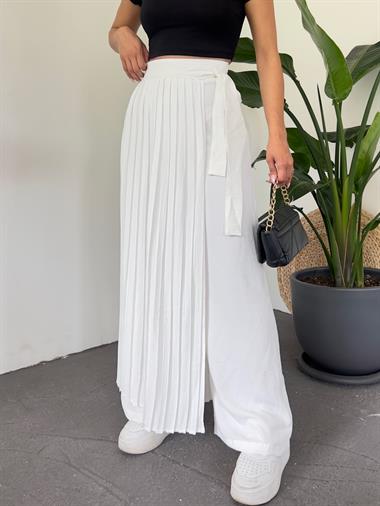 Piliseli Etekli Pantolon -Beyaz