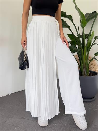 Piliseli Etekli Pantolon -Beyaz
