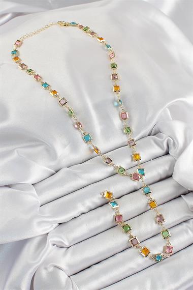 Pirinç Asorti Kare Model Gold Renk Zirkon Taşlı Y Kolye