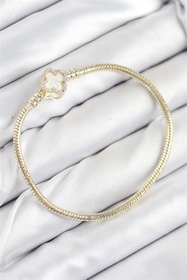 Pirinç Charm Zirkon Taşlı Yonca Model Gold Renk Kadın Bileklik