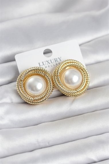 Pirinç Gold Renk Sarmal Model İncili Kadın Küpe
