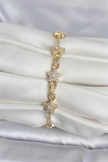 Pirinç Gold Renk Yıldız Model Zirkon Taşlı Kadın Bileklik