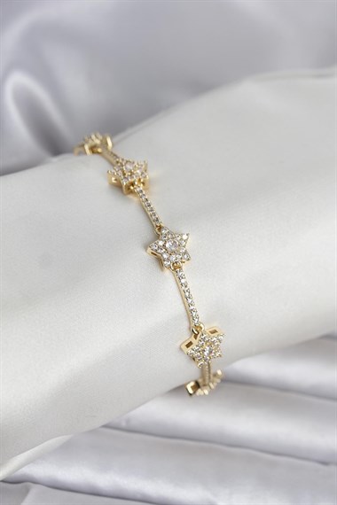 Pirinç Gold Renk Yıldız Model Zirkon Taşlı Kadın Bileklik