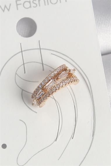 Pirinç Gold Renk Zirkon Taşlı 3Lü Sıralı Model Kadın Kıkırdak Küpe