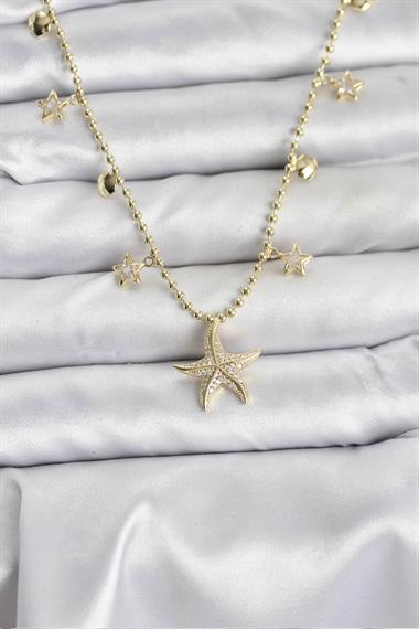 Pirinç Gold Renk Zirkon Taşlı Deniz Yıldızı Model Kadın Kolye
