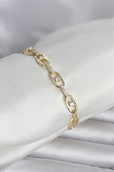 Pirinç Gold Renk Zirkon Taşlı Kadın Bileklik