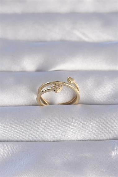 Pirinç Gold Renk Zirkon Taşlı Kalpli Model Ayarlanabilir Yüzük