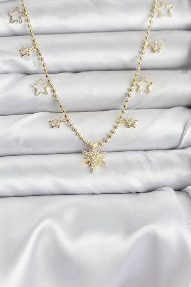 Pirinç Gold Renk Zirkon Taşlı Kutup Yıldızı Model Kadın Kolye