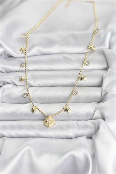 Pirinç Gold Renk Zirkon Taşlı Kutup Yıldızı Model Kadın Kolye
