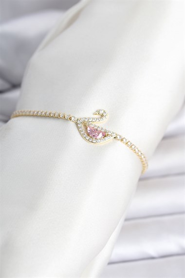 Pirinç Gold Renk Zirkon Taşlı Swan Model Su Yolu Kadın Bileklik