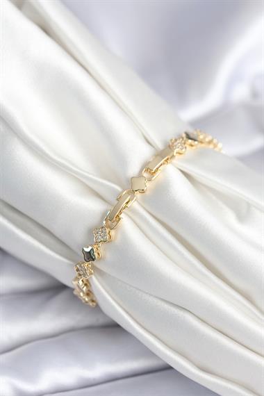Pirinç Gold Renk Zirkon Taşlı Yonca Model Kadın Bileklik
