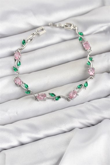 Pirinç Gümüş Renk Pembe Zirkon Taşlı Çiçek Model Kadın Bileklik