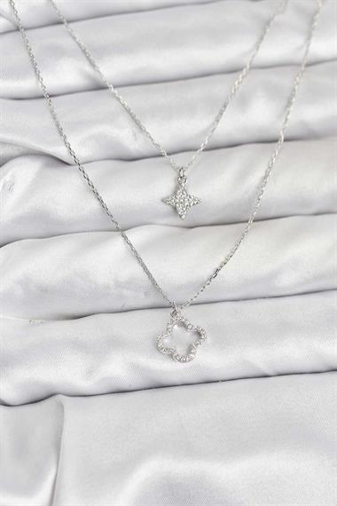 Pirinç Gümüş Renk Yonca Model 2li Kadın Kolye