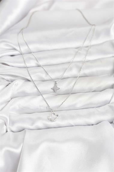 Pirinç Gümüş Renk Yonca Model 2li Kadın Kolye