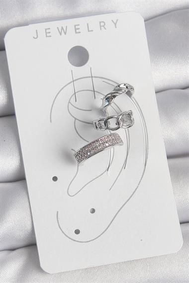 Pirinç Gümüş Renk Zirkon Taşlı 3Lü Zincir Sarmal Model Kadın Kıkırdak Küpe