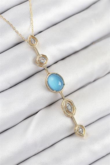 Pirinç Zincir Mavi Gold Renk Zirkon Taşlı Y Kolye