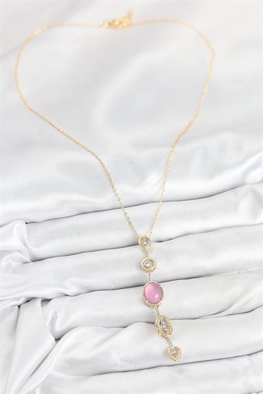 Pirinç Zincir Pembe Gold Renk Zirkon Taşlı Y Kolye