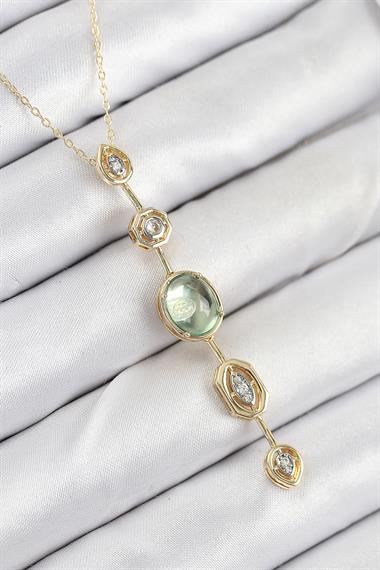 Pirinç Zincir Yeşil Gold Renk Zirkon Taşlı Y Kolye
