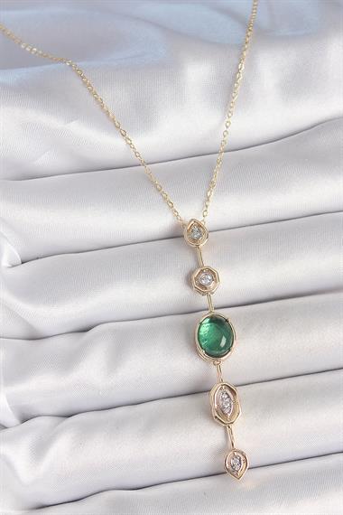 Pirinç Zincir Zümrüt Yeşil Gold Renk Zirkon Taşlı Y Kolye