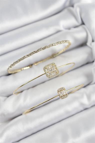 Pirinç Zirkon Taşlı Baget Model Gold Renk Vip 3lü Kadın Bileklik