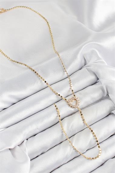 Pirinç Zirkon Taşlı Ezme Zincirli Kalp Model Gold Renk Y Kolye