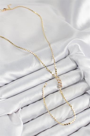 Pirinç Zirkon Taşlı Ezme Zincirli Model Gold Renk Y Kolye