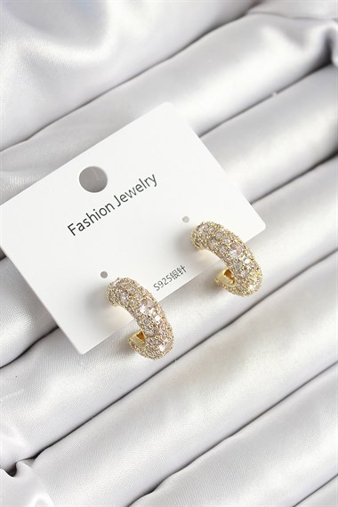 Pirinç Zirkon Taşlı Halka Model Gold Renk Kadın Küpe