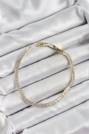 Pirinç Zirkon Taşlı İnce Su Yolu Model Gold Renk Kadın Bileklik