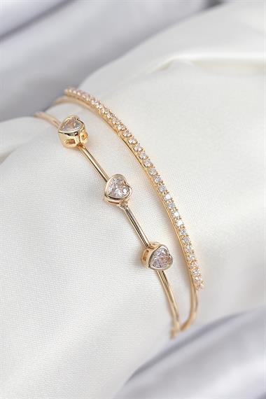 Pirinç Zirkon Taşlı Kalp Model Gold Renk Kadın Bileklik