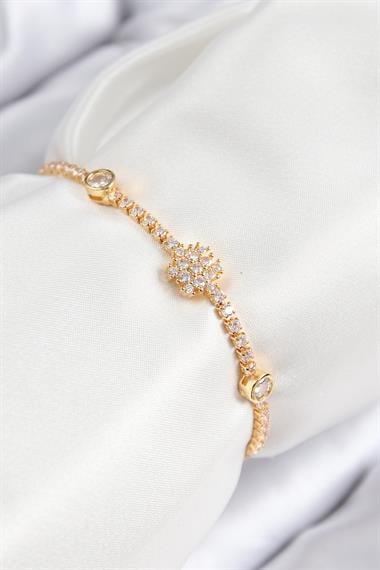 Pirinç Zirkon Taşlı Kar Tanesi Model Gold Renk Asansörlü Kadın Bileklik
