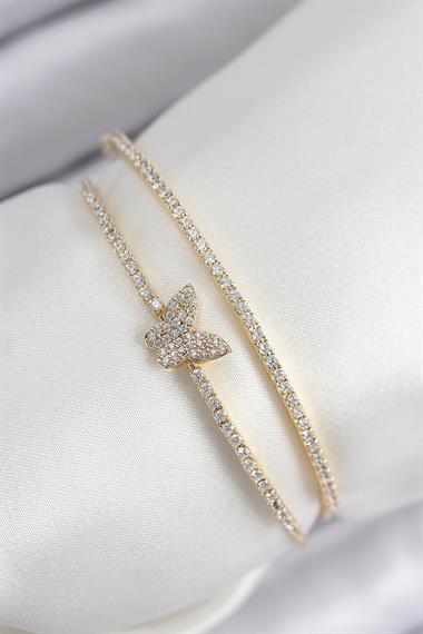 Pirinç Zirkon Taşlı Kelebek Model Gold Renk Kadın Bileklik
