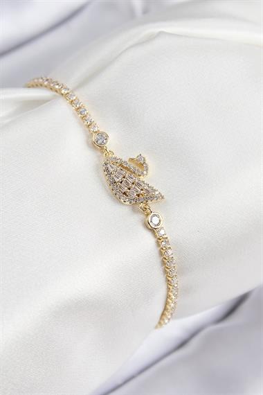 Pirinç Zirkon Taşlı Kuğu Model Gold Renk Kadın Bileklik