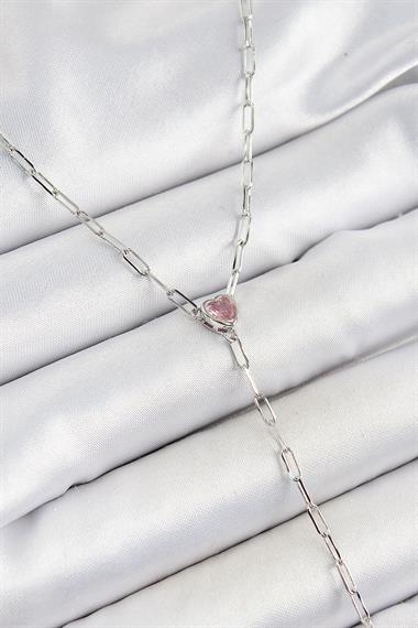 Pirinç Zirkon Taşlı Pembe Kalp Figürlü Y Model Gümüş Renk Kadın Kolye