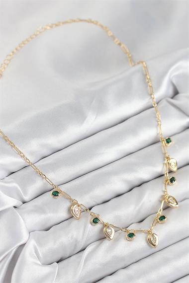 Pirinç Zirkon Taşlı Sallantılı Damla Model Gold Renk Kadın Kolye