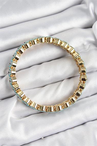 Pirinç Zirkon Taşlı Turkuaz Nazar Model Gold Renk Lastikli Kadın Bileklik