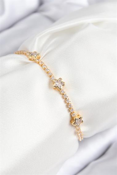 Pirinç Zirkon Taşlı Yıldız Model Gold Renk Asansörlü Kadın Bileklik