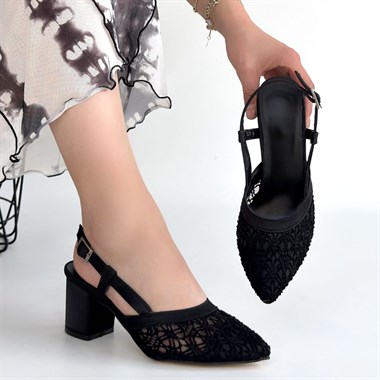 Poje Saten Tül Detaylı Topuklu Ayakkabı -Siyah