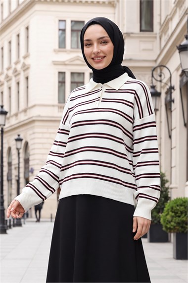 Polo Yaka Düğmeli Çizgili Salaş Kazak -Ekru
