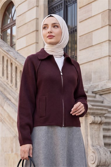 Womens Polo-Collar Zip-Up Pocket-Detail Knit Cardigan - Plum