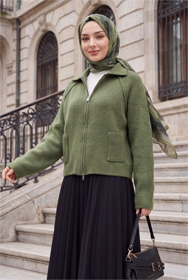 Womens Polo-Collar Zip-Up Pocket-Detail Knit Cardigan - Khaki